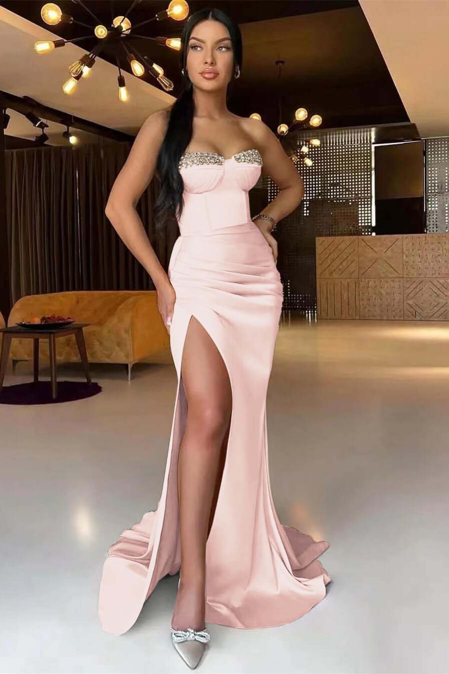 Beautiful Dark Champagne Strapless Slit Mermaid Long Prom Dress with Beads and Pleats | Ballbella