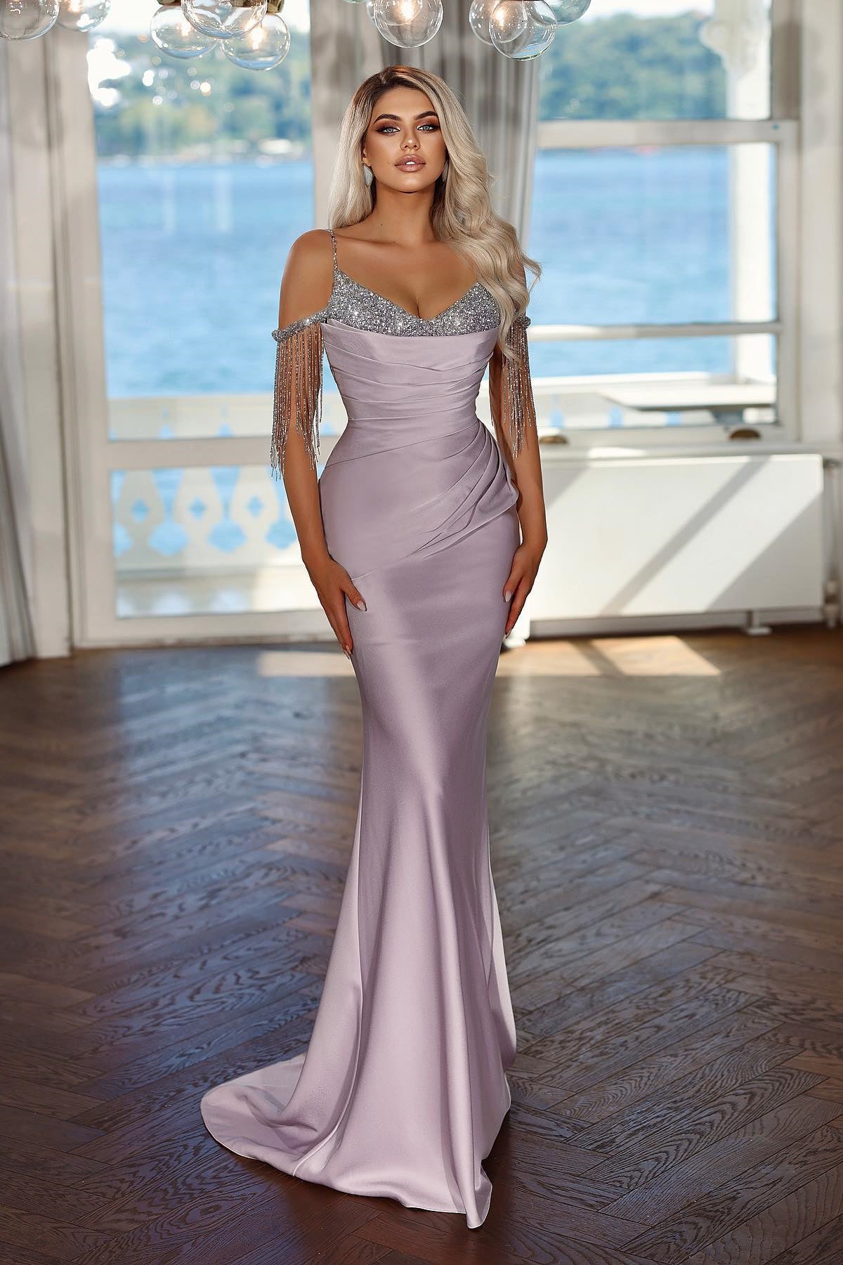 Classic Spaghetti-Strap Off-the-Shoulder Mermaid Evening Dress with Tassels | Ballbella