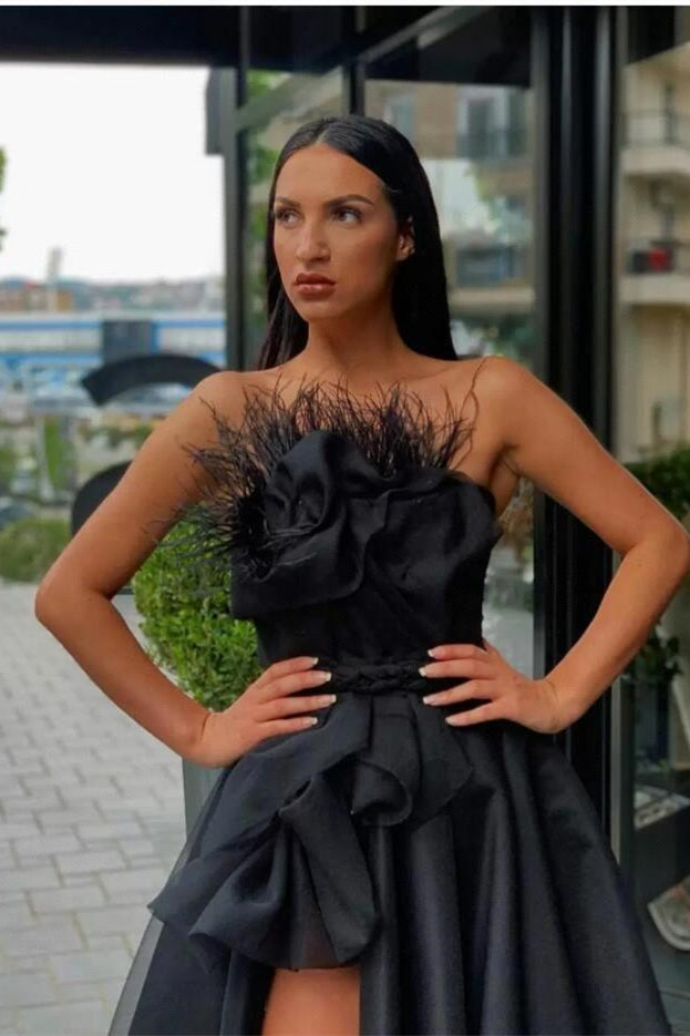 Black Long Split Prom Dress with Feather Details | Ballbella