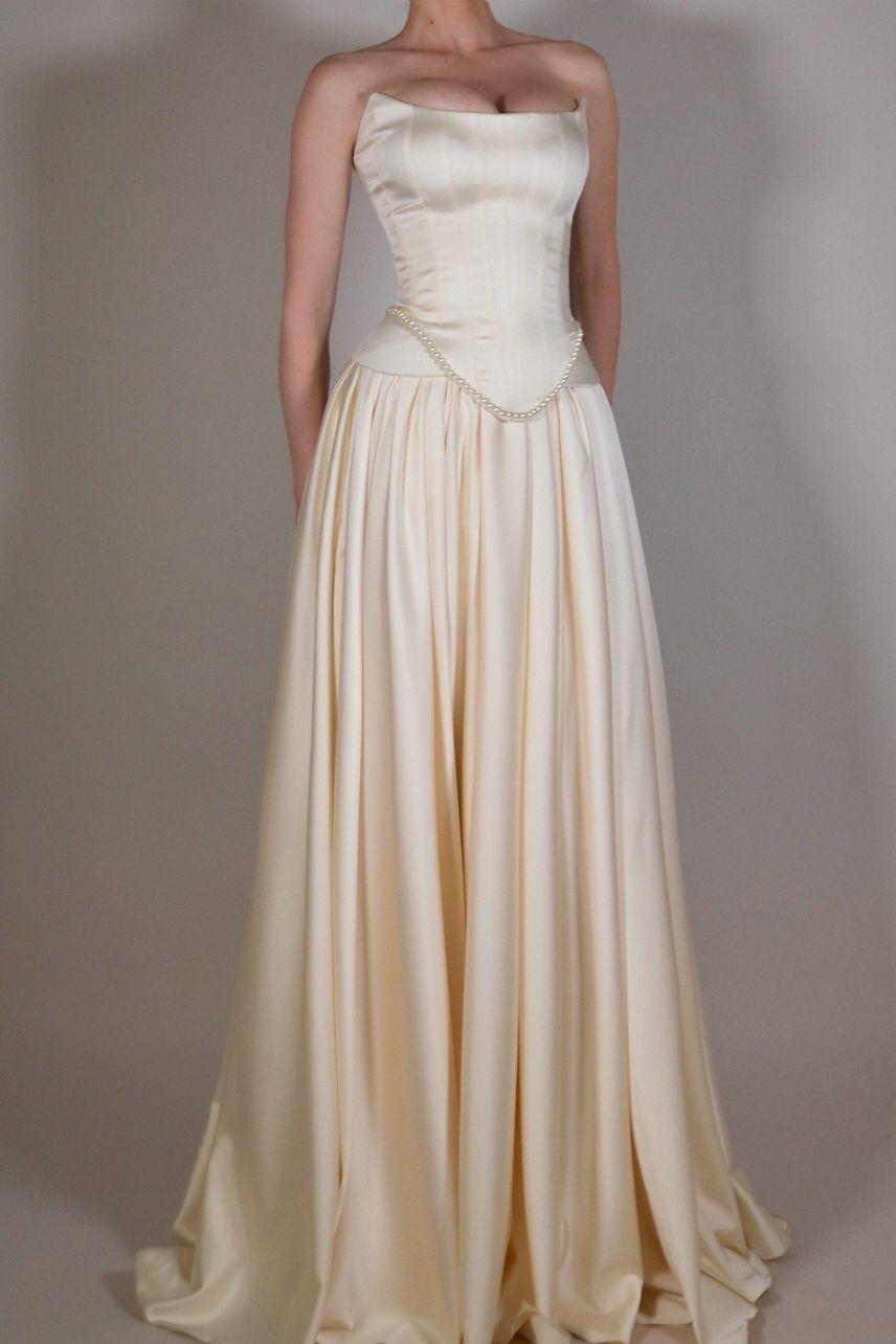 Exquisite Satin Ivory Strapless Prom Dress with Beadings & Pleats | Ballbella