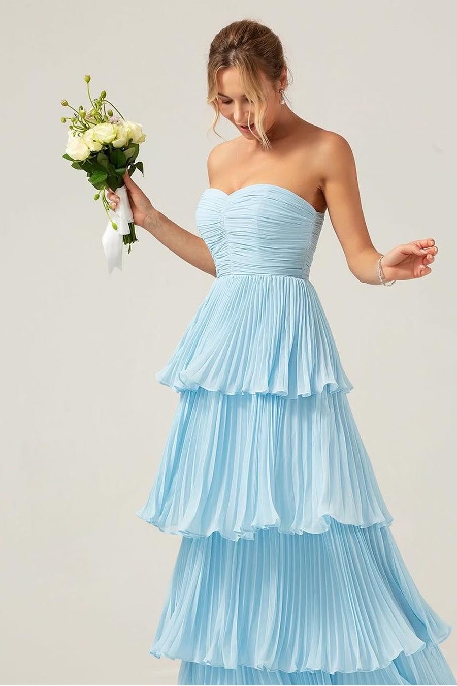 Glamorous Sky Blue Sleeveless Sweetheart Strapless Prom Dress with Ruffles | Ballbella