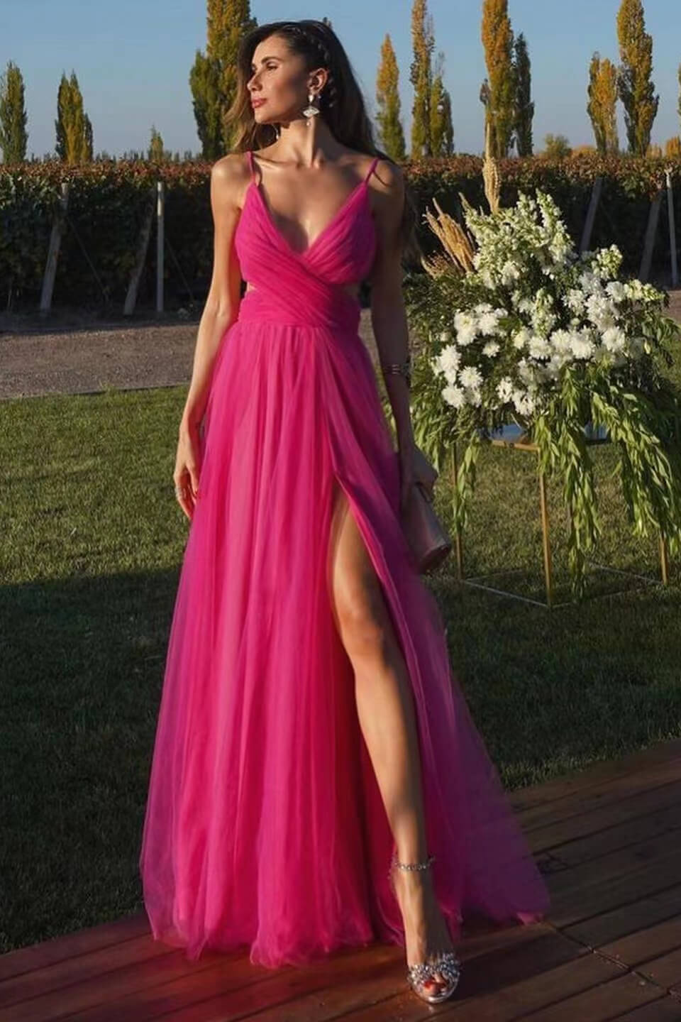 Fuchsia Tulle Split Prom Dress with A-Line and Spaghetti-Straps | Ballbella