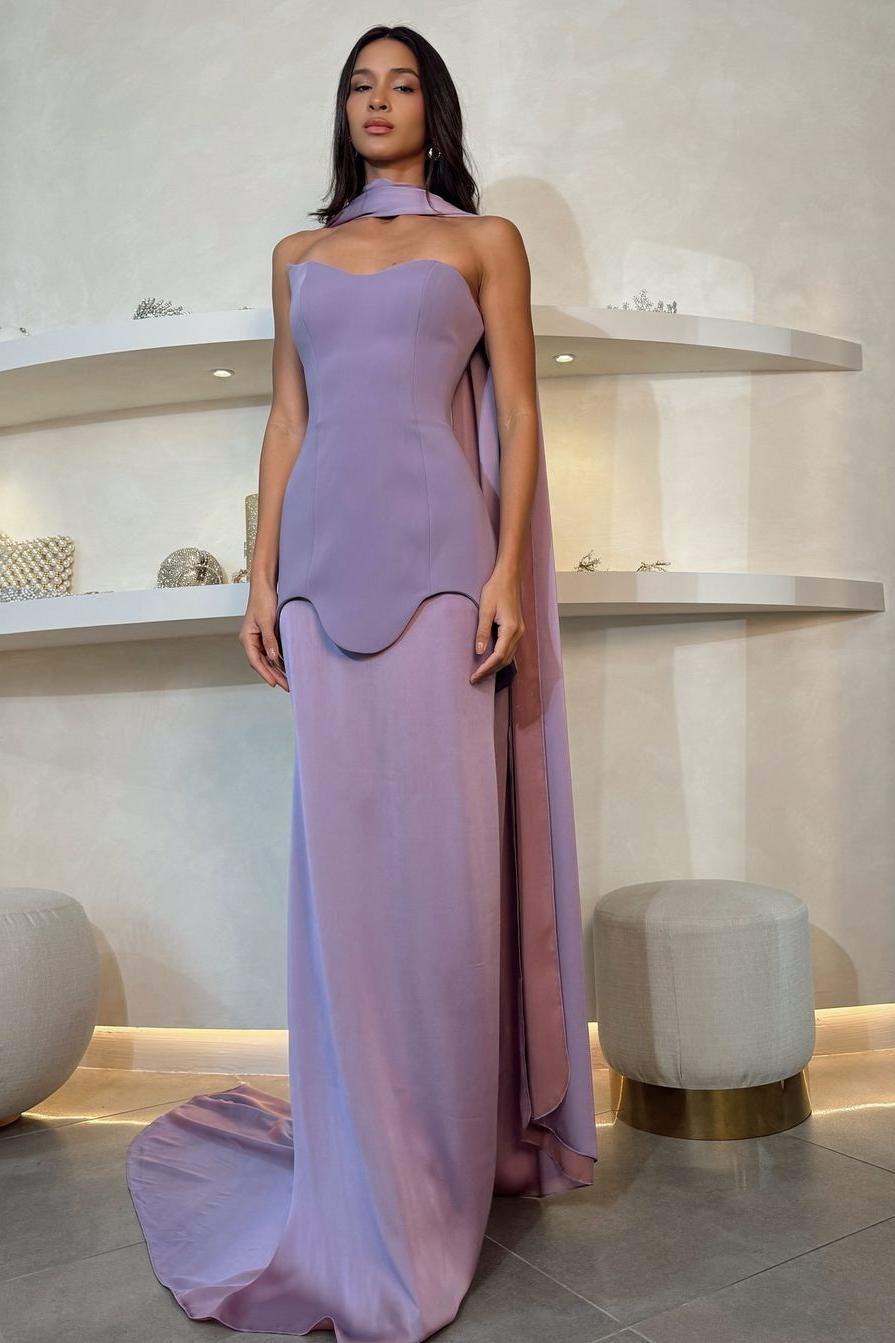 Amazing Purple Satin Strapless Sleeveless Long Slim Prom Dress with Scarf | Ballbella