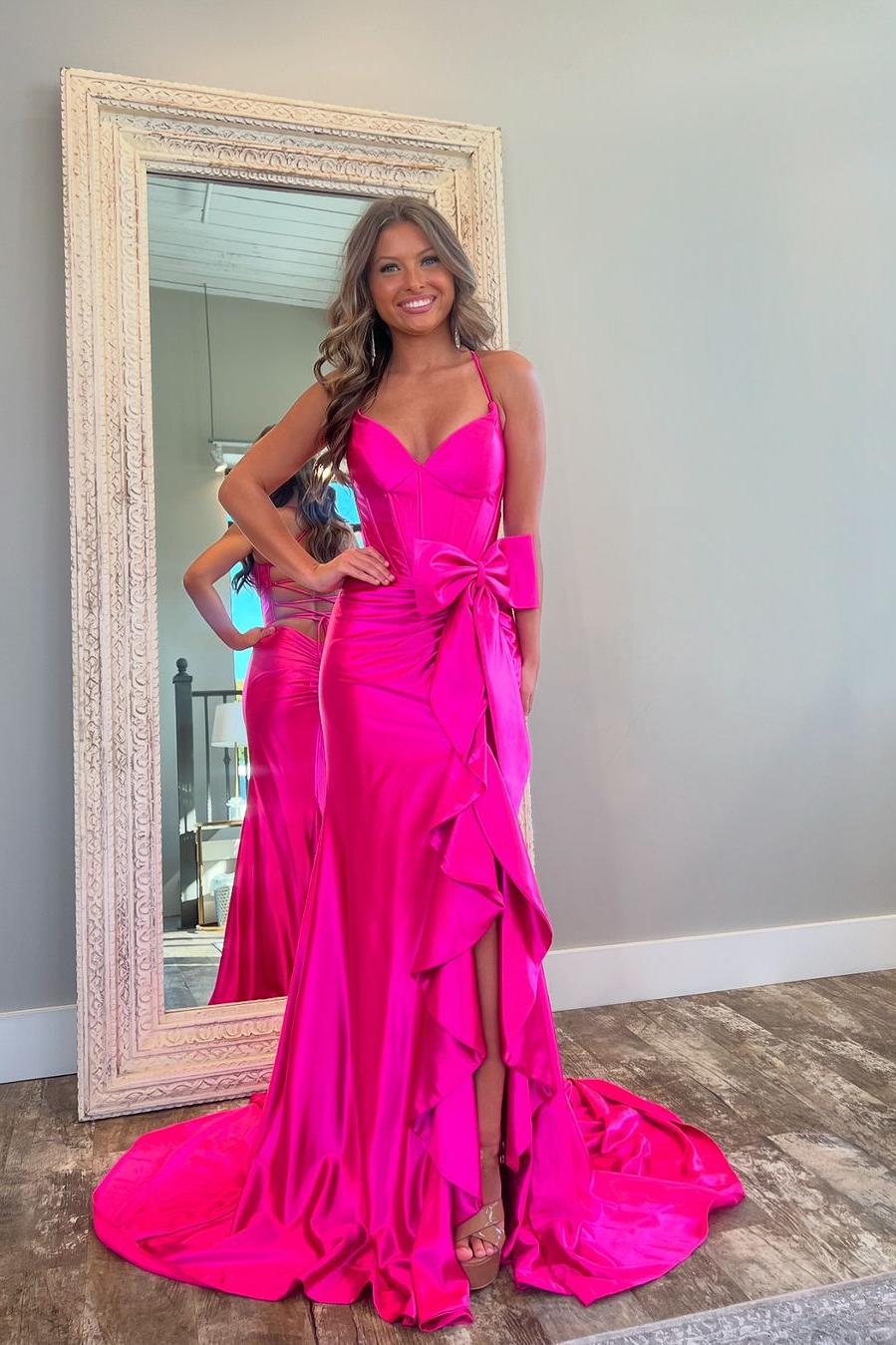 Glamorous Fuchsia Satin Spaghetti Strap Sleeveless Prom Dress with Bow & Split | Ballbella