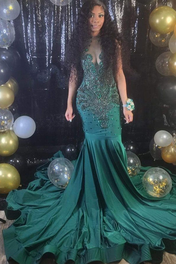 Dark Green Sequins Mermaid Prom Dress with Beaded Appliques | Ballbella