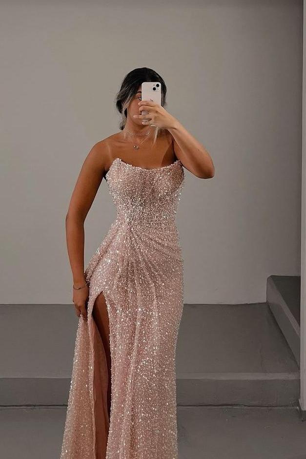 Glamorous Light Pink Sequins Strapless Prom Dress with Split | Ballbella