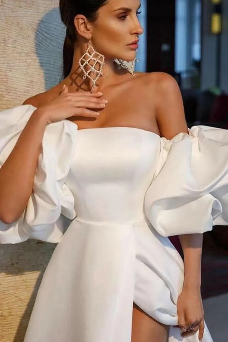 Glamorous White Off-the-Shoulder Split Long Evening Dress with Bubble Sleeves | Ballbella