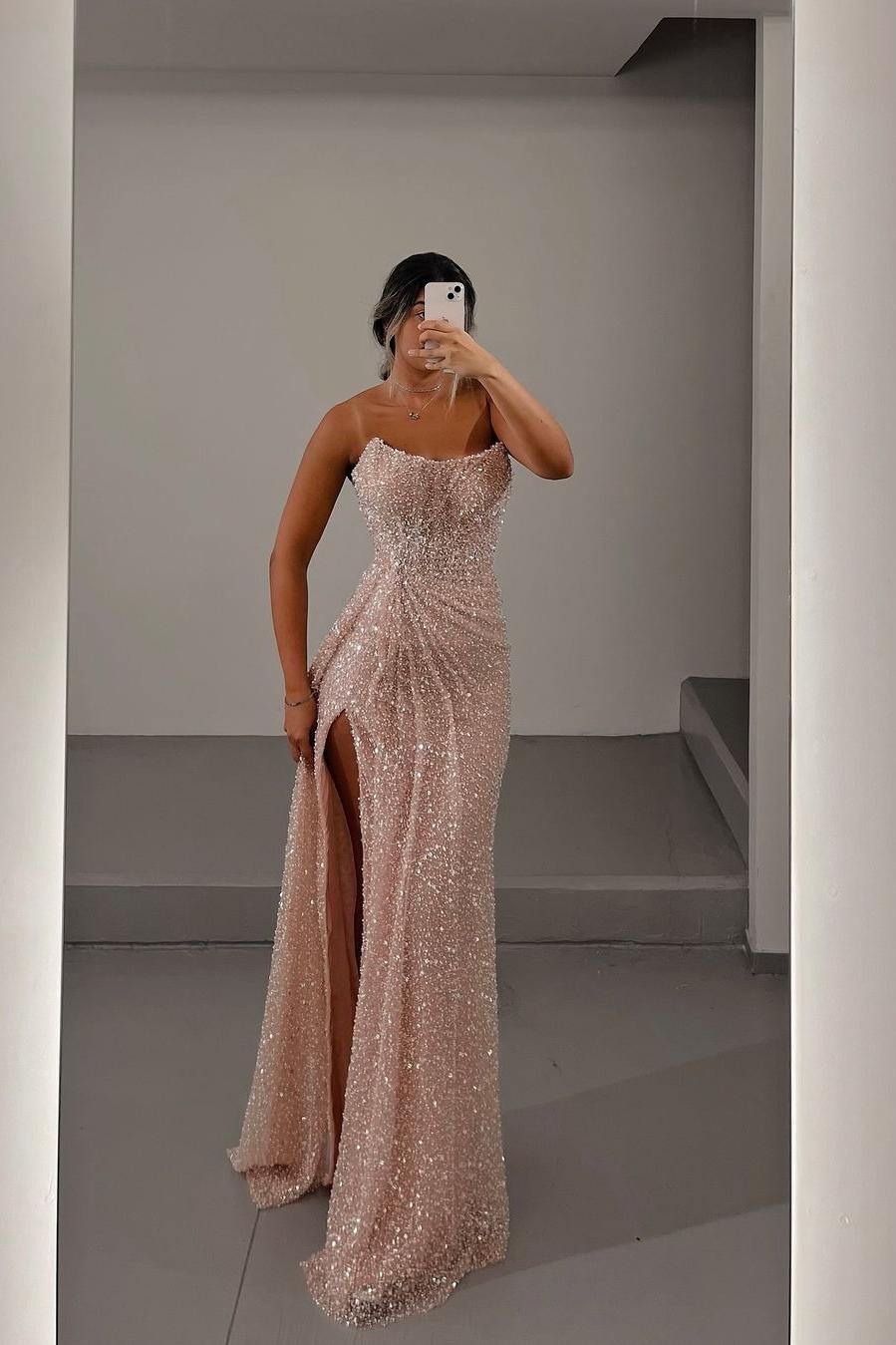 Glamorous Light Pink Sequins Strapless Prom Dress with Split | Ballbella