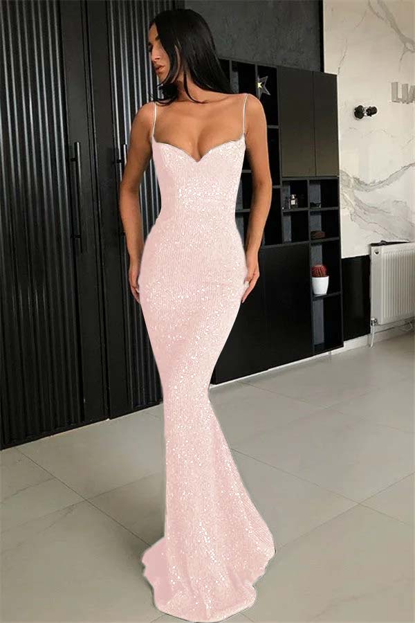 Chic Spaghetti-Strap Black Mermaid Prom Dress with Sequins | Ballbella