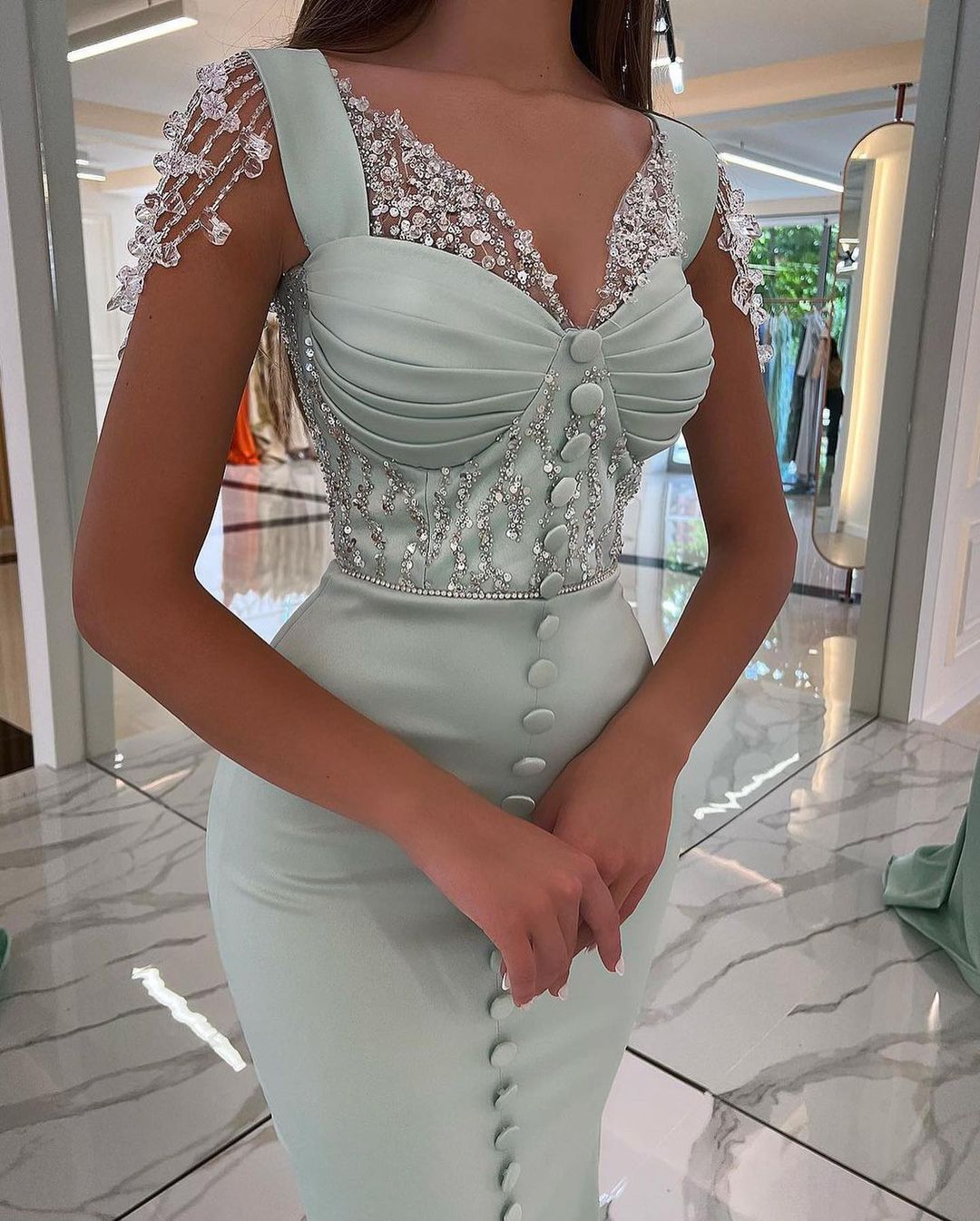 Front-Slit Mint Green Beaded Strap Mermaid Prom Dress with Buttons | Ballbella