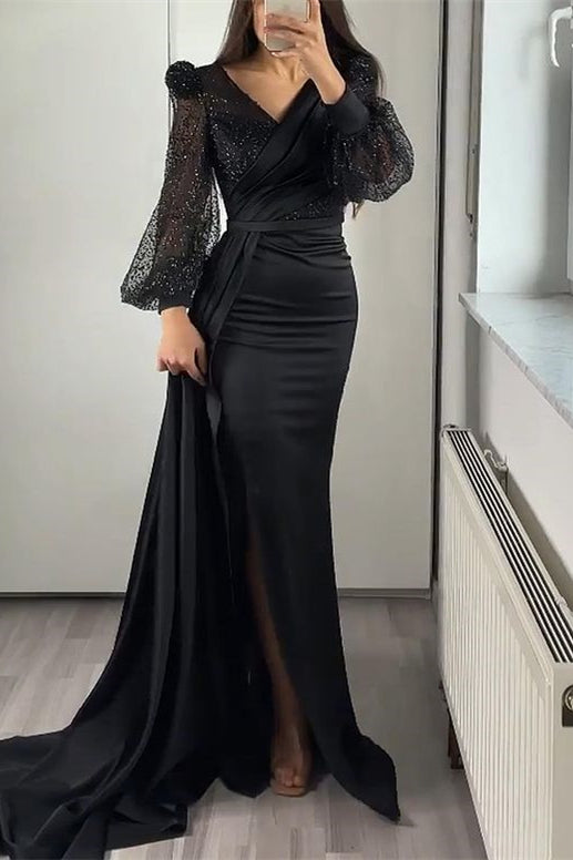 Black V-Neck Sequins Long-Sleeve Mermaid Split Evening Dress with Ruffle | Ballbella