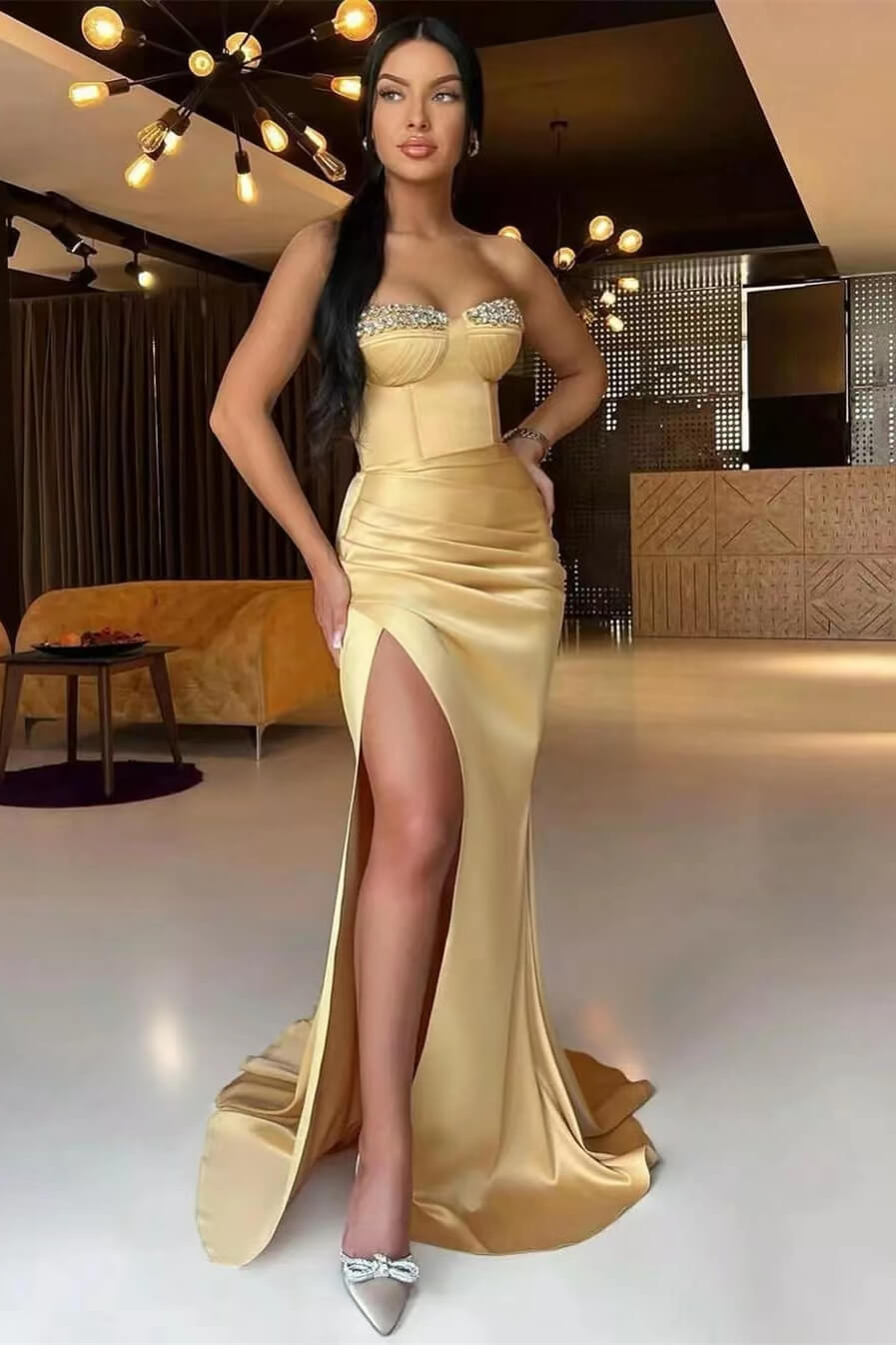 Beautiful Dark Champagne Strapless Slit Mermaid Long Prom Dress with Beads and Pleats | Ballbella