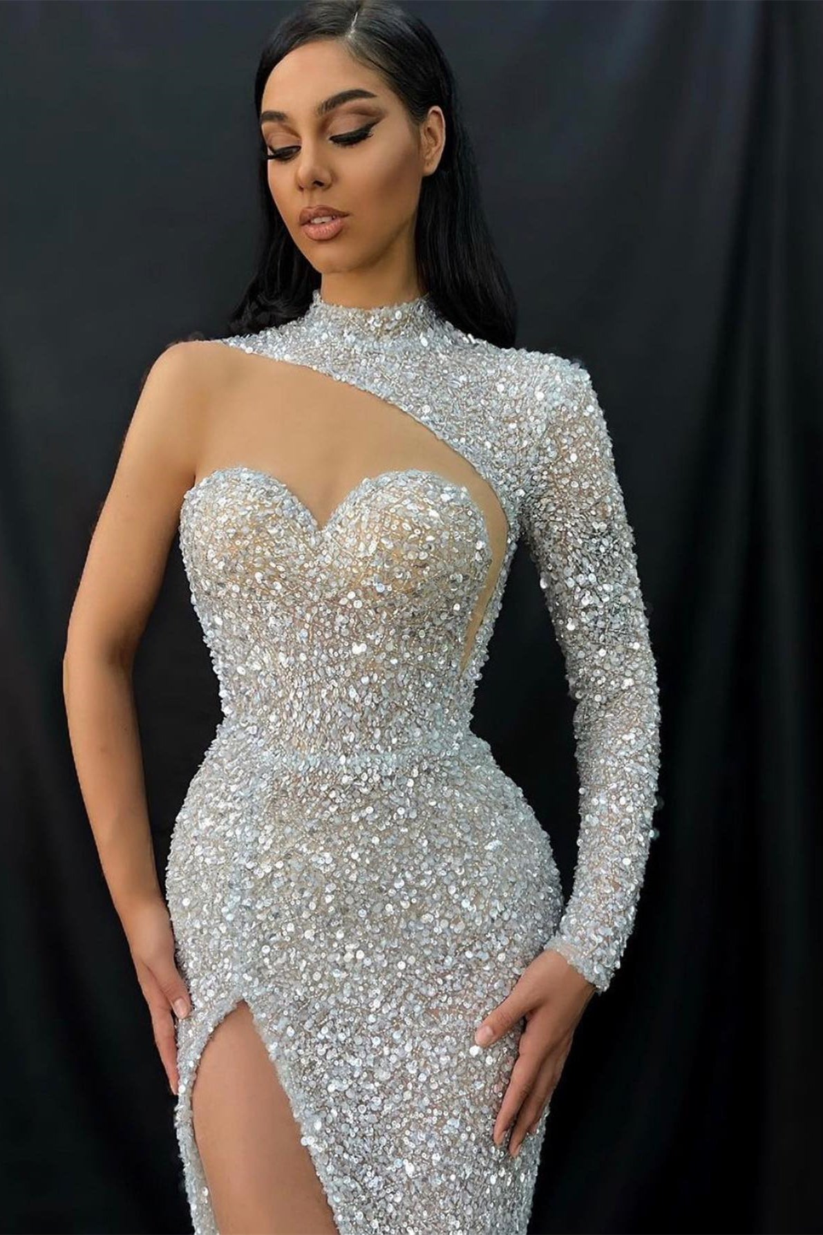 Gorgeous Long Sleeve One-Shoulder Sweetheart Evening Dress with High Collar & Sequins | Ballbella