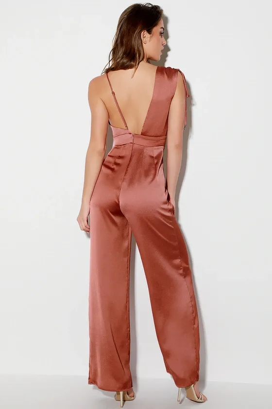 Luxe Rusty Rose Satin Asymmetrical Wide-Leg Jumpsuit | Ballbella