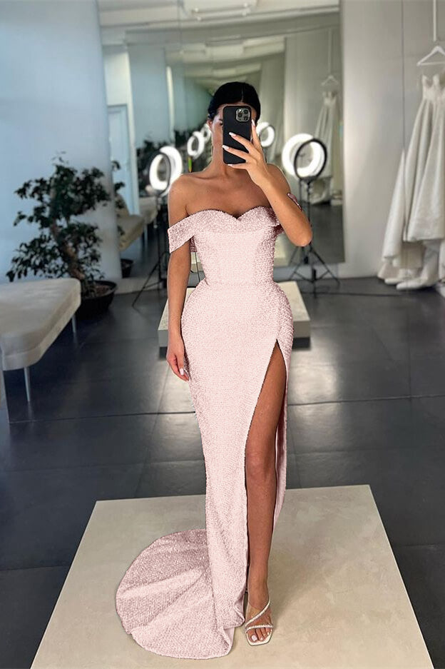 White Off-the-Shoulder Sequins Mermaid Prom Dress with Split | Ballbella