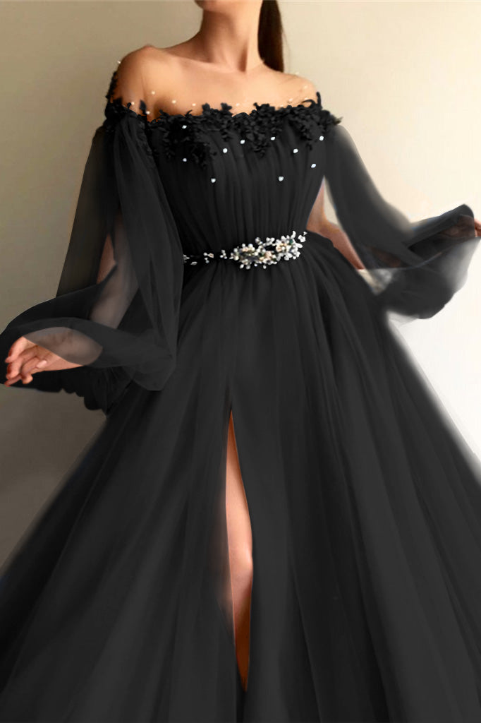 Chic Off-the-Shoulder Long-Sleeve Elegant Evening Dress with Beads | Ballbella