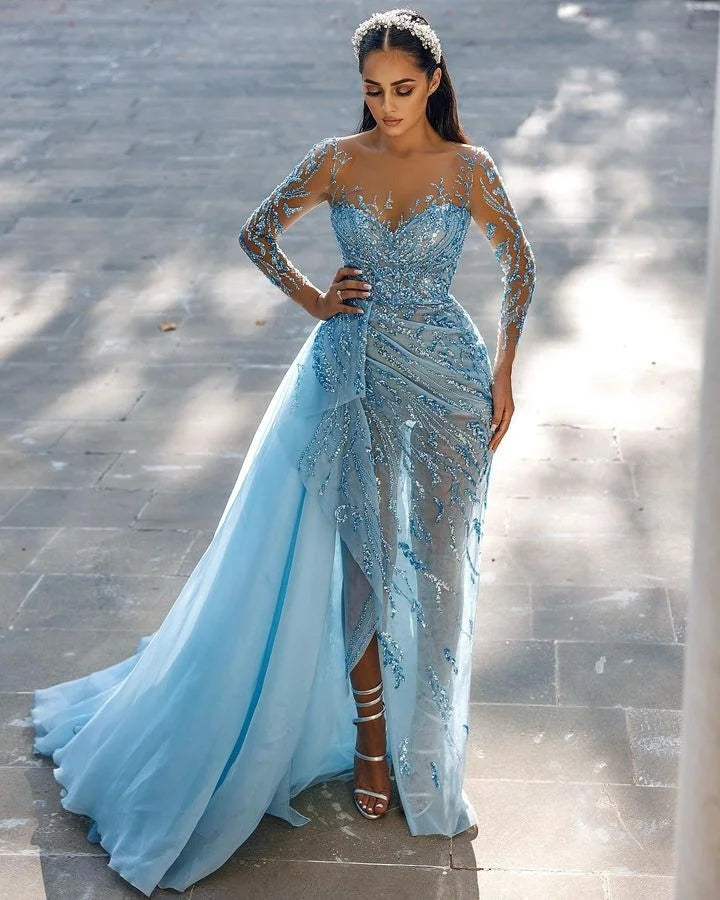 Mermaid Long-Sleeve Sky Blue Evening Dress with Sequins and Appliques | Ballbella