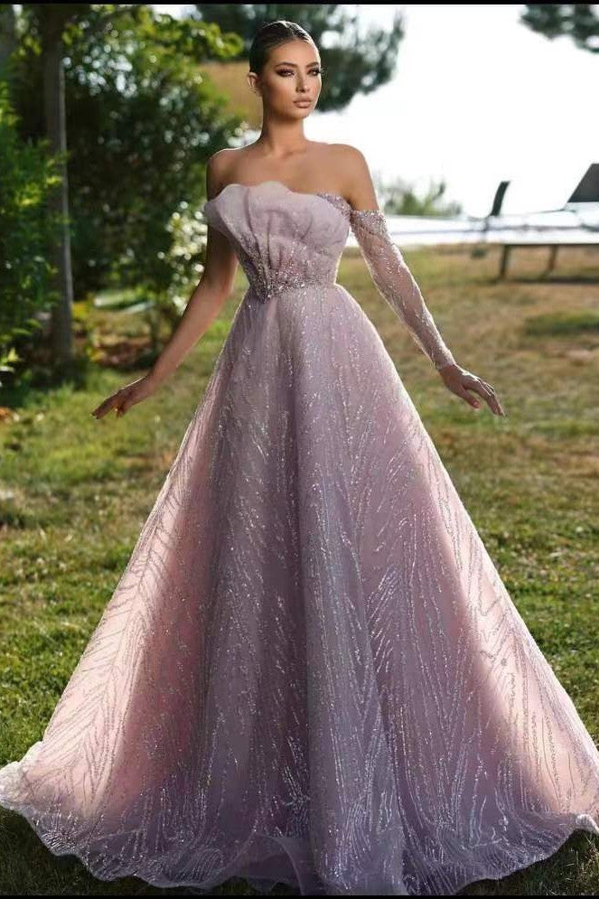 Beautiful Off-the-Shoulder Pink Sequins Mermaid Evening Dress with Beadings and Lace Sleeves | Ballbella