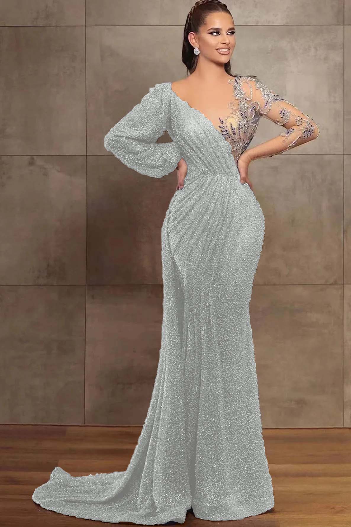 Elegant Sequins Beads Mermaid Evening Dress with V-Neck and Long Sleeves | Ballbella