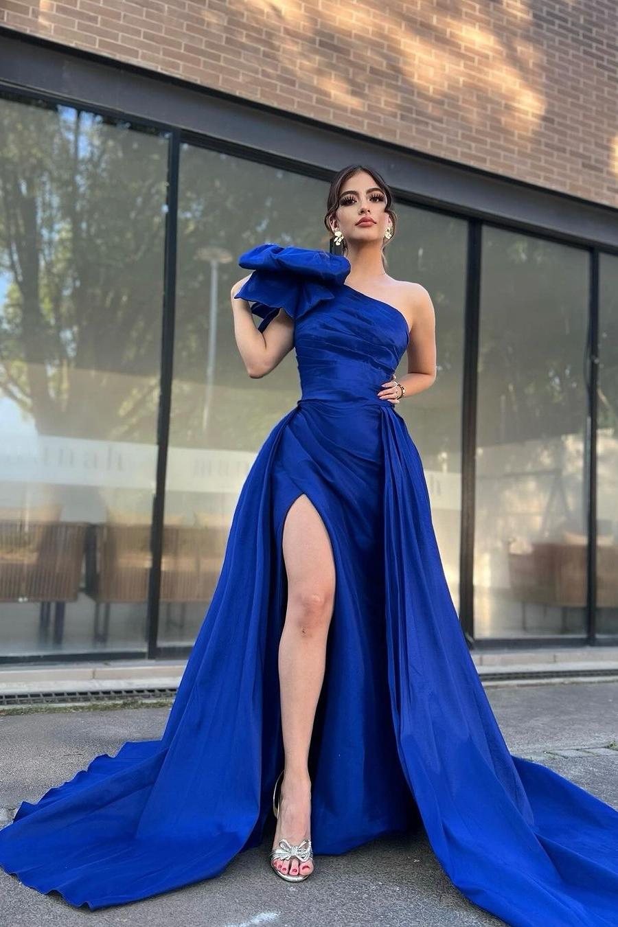 Chic Royal Blue Satin One-Shoulder Sleeveless Prom Dress with Pleats & Split | Ballbella