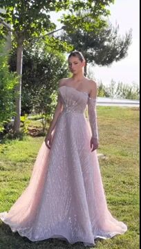 Beautiful Off-the-Shoulder Pink Sequins Mermaid Evening Dress with Beadings and Lace Sleeves | Ballbella