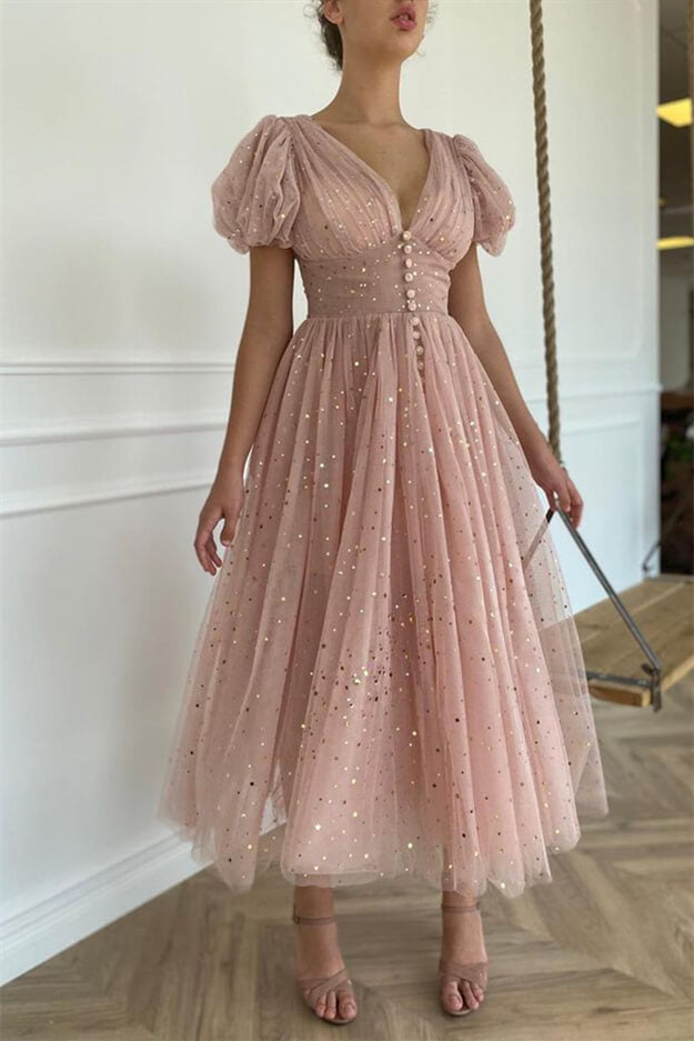 Elegant Taupe Pink V-Neck Short-Sleeve Prom Dress with Sequins | Ballbella