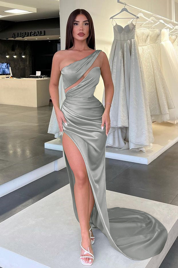 Light Green One-Shoulder Long-Sleeve Slit Evening Dress | Ballbella