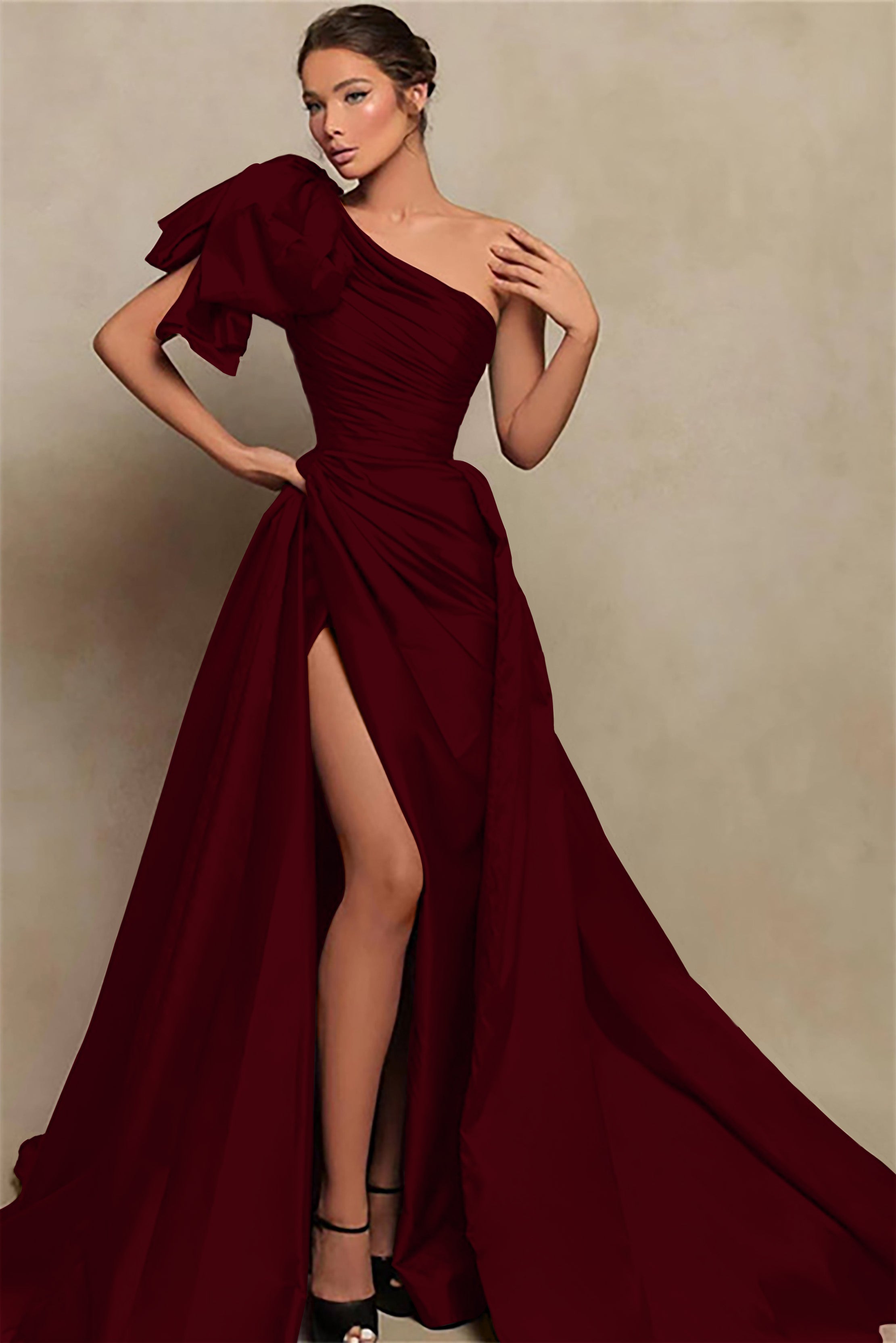 Gorgeous Burgundy One-Shoulder Split Mermaid Prom Dress | Ballbella