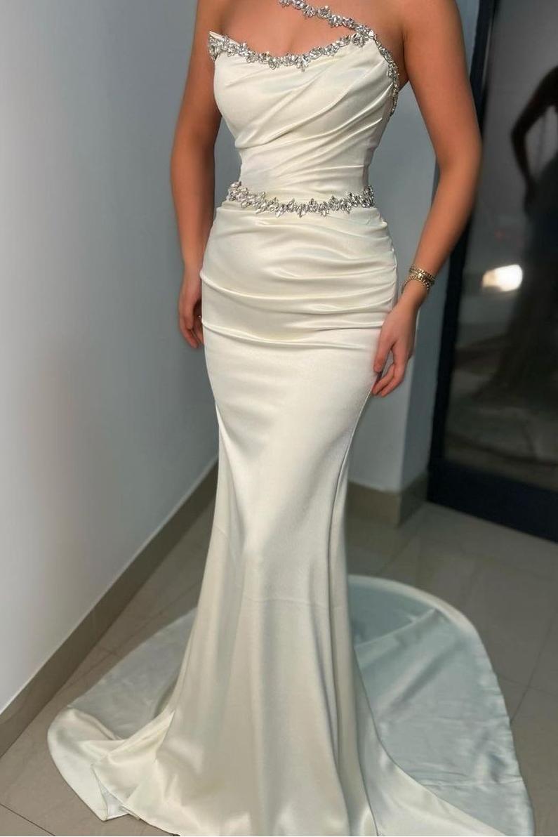 Glamorous Satin Ivory Sleeveless One-Shoulder Long Mermaid Prom Dress with Rhinestone | Ballbella