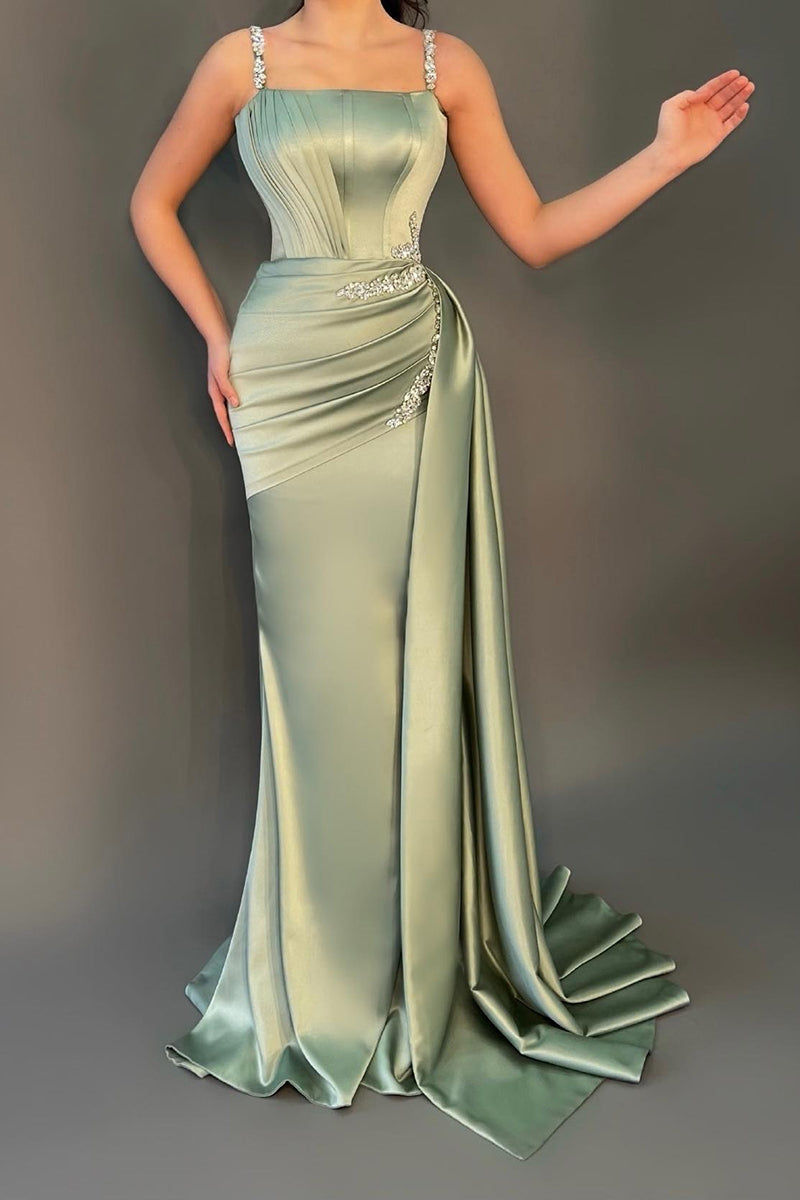 Beautiful Spaghetti-Strap Sage Beaded Prom Dress with Ruffle | Ballbella