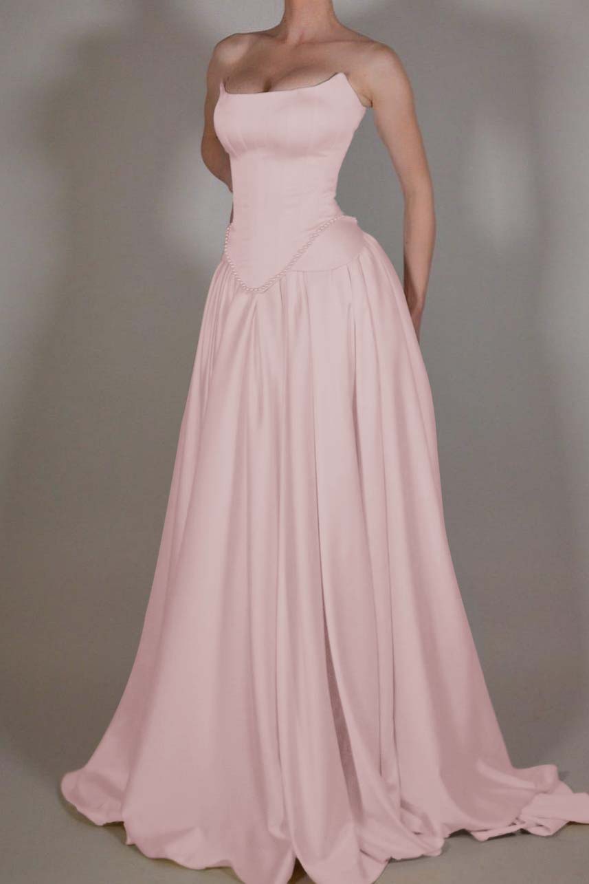 Exquisite Satin Ivory Strapless Prom Dress with Beadings & Pleats | Ballbella