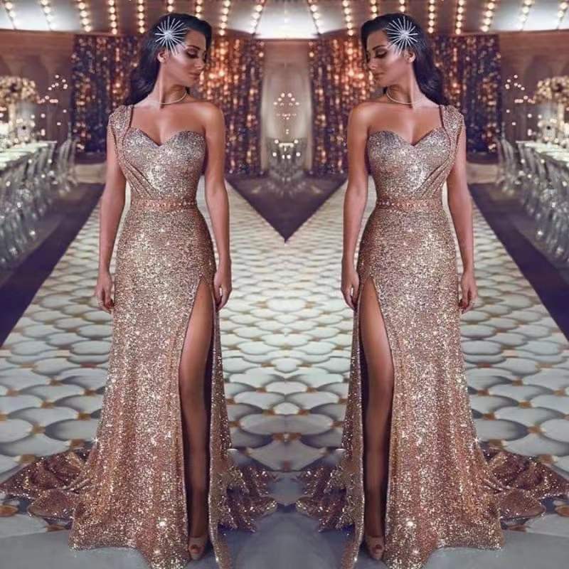 Charming One-Shoulder Mermaid Evening Dress with Slit and Sequins | Ballbella