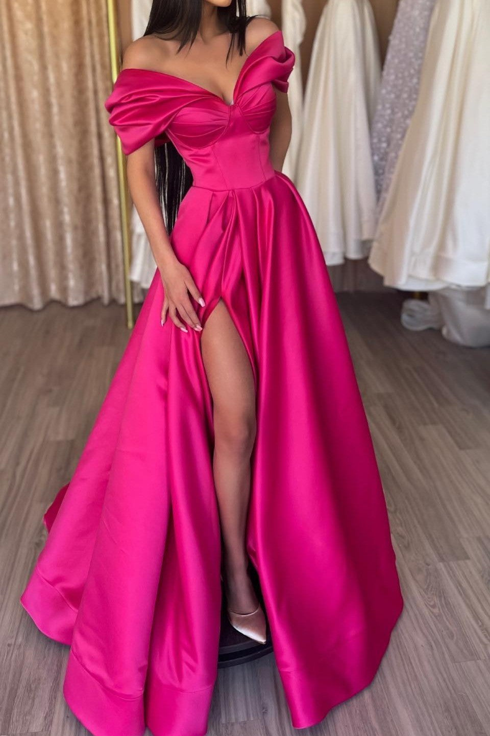 Fuchsia A-Line Portrait Prom Dress with Split | Ballbella