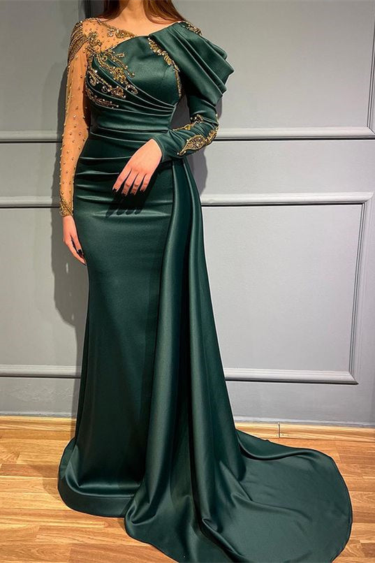 Dark Green Beaded Long-Sleeve Mermaid Evening Dress with Appliques | Ballbella