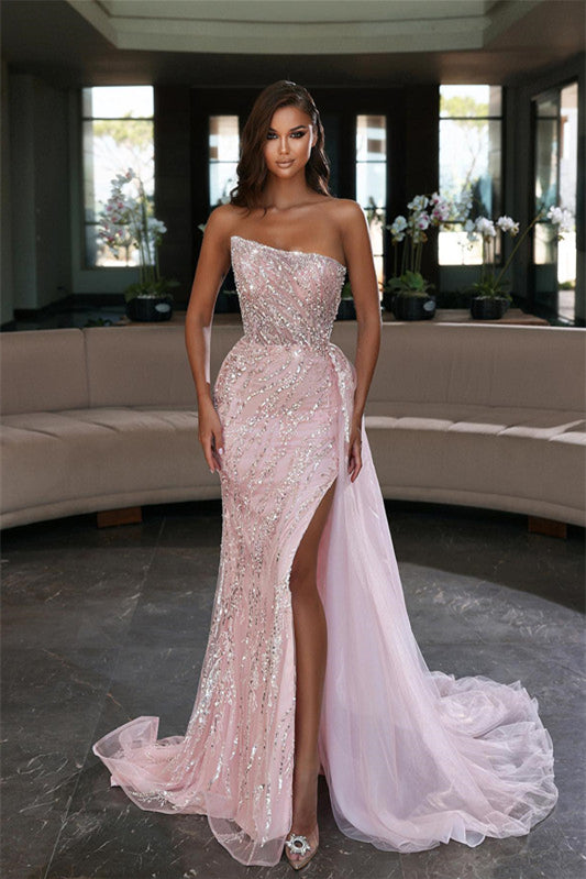 Glamorous Strapless Pink Mermaid Evening Dress with Split, Ruffles, and Beadings | Ballbella