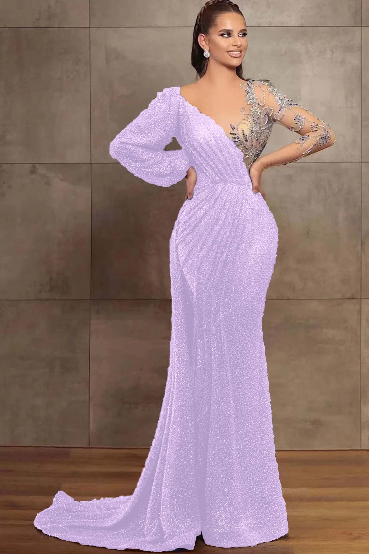 Elegant Sequins Beads Mermaid Evening Dress with V-Neck and Long Sleeves | Ballbella