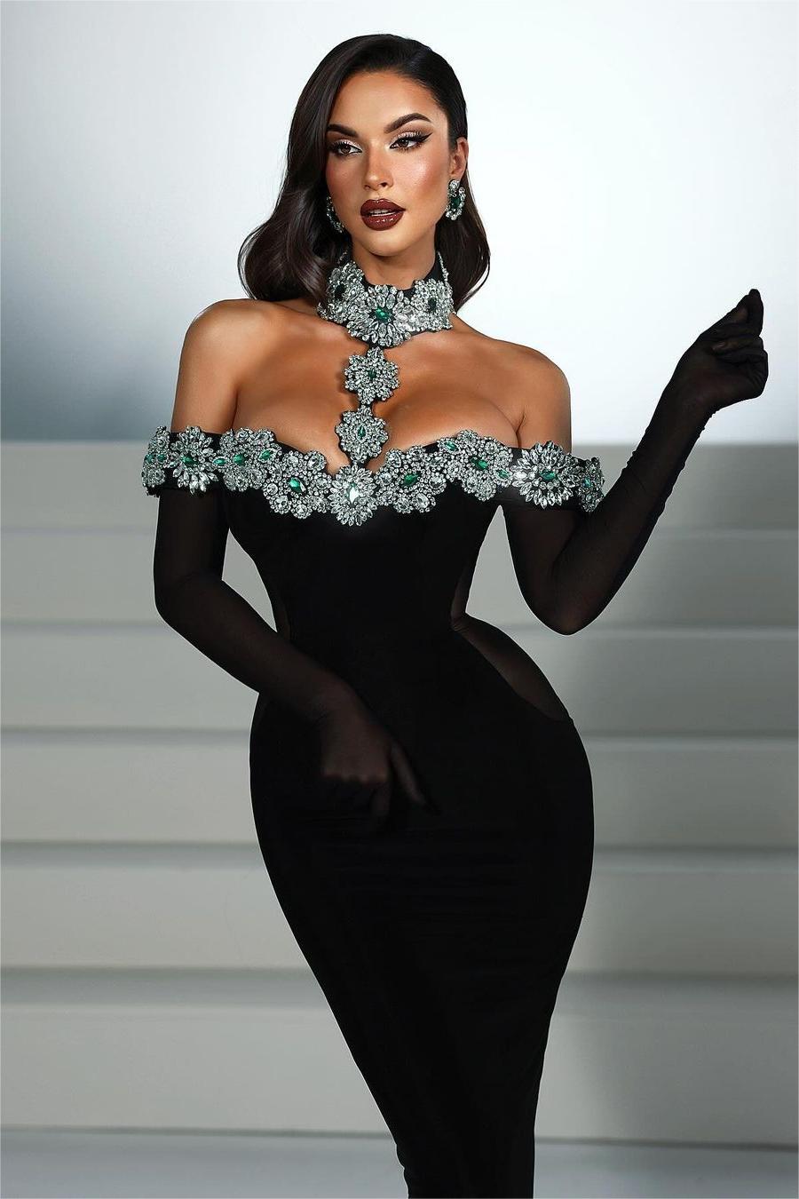 Charming Black Satin Long-Sleeve Off-the-Shoulder Prom Dress with Beadings | Ballbella