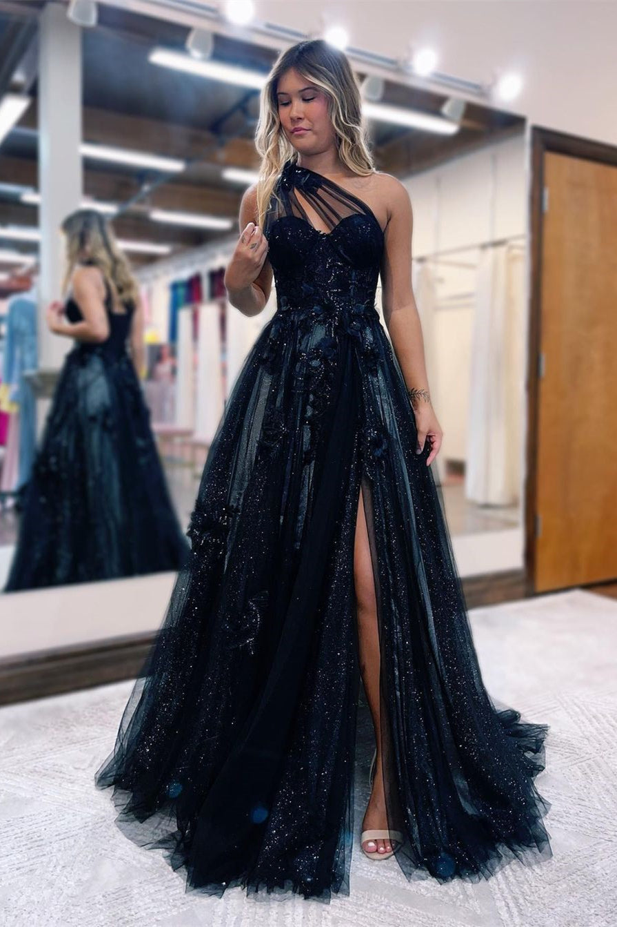 Elegant Black One-Shoulder Split Prom Dress with Applique | Ballbella