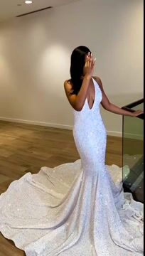 Classy White V-Neck Mermaid Prom Dress with Sequins and Straps | Ballbella