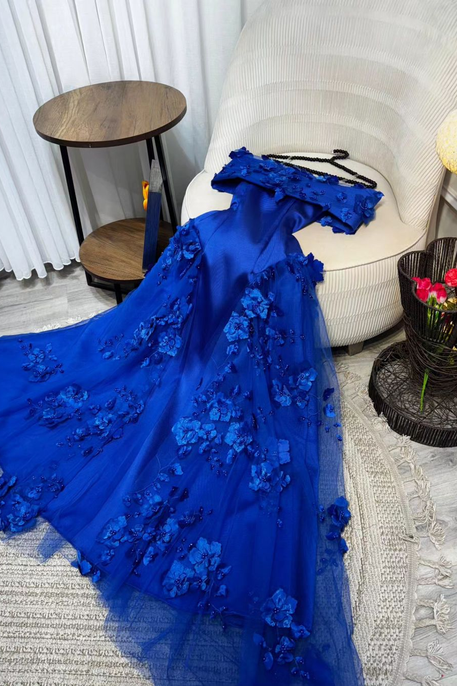 Chic Royal Blue Satin Off-the-Shoulder Strapless Prom Dress with Flowers | Ballbella