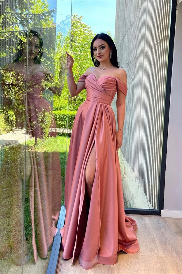 Dusty Pink Off-the-Shoulder Evening Dress with Sweetheart and Front Split | Ballbella