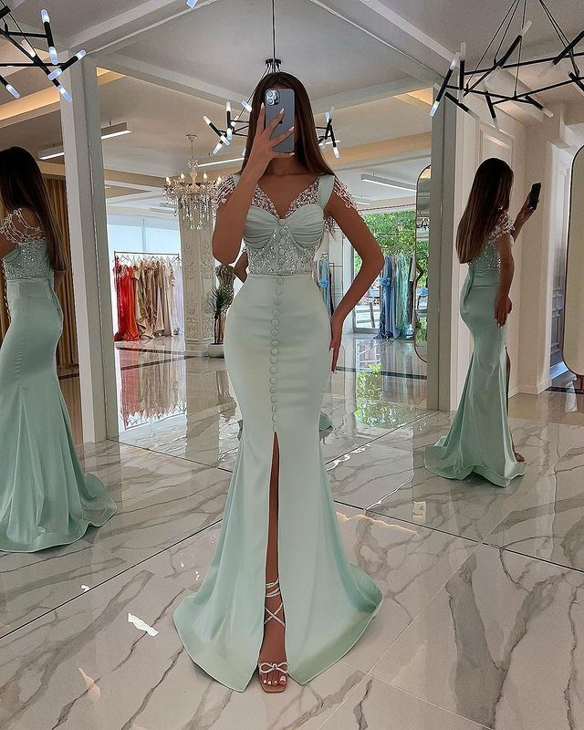 Front-Slit Mint Green Beaded Strap Mermaid Prom Dress with Buttons | Ballbella