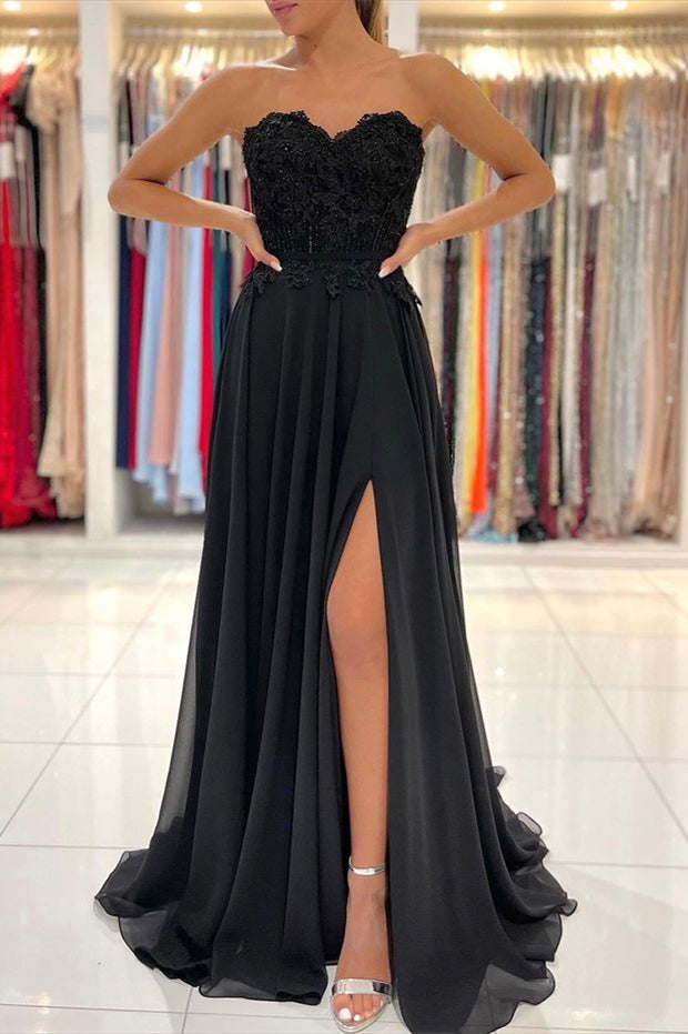 Black Sweetheart Appliques Prom Dress with Split | Ballbella