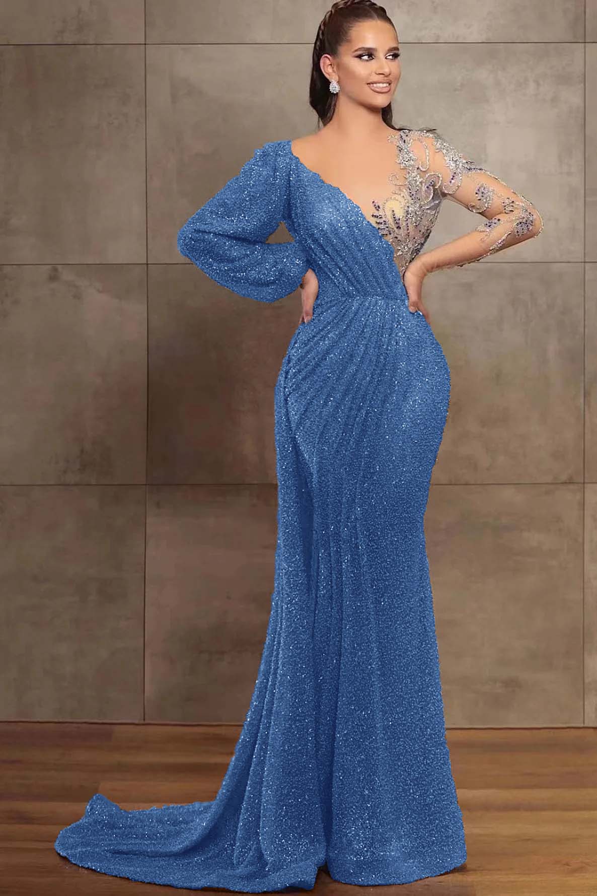 Elegant Sequins Beads Mermaid Evening Dress with V-Neck and Long Sleeves | Ballbella