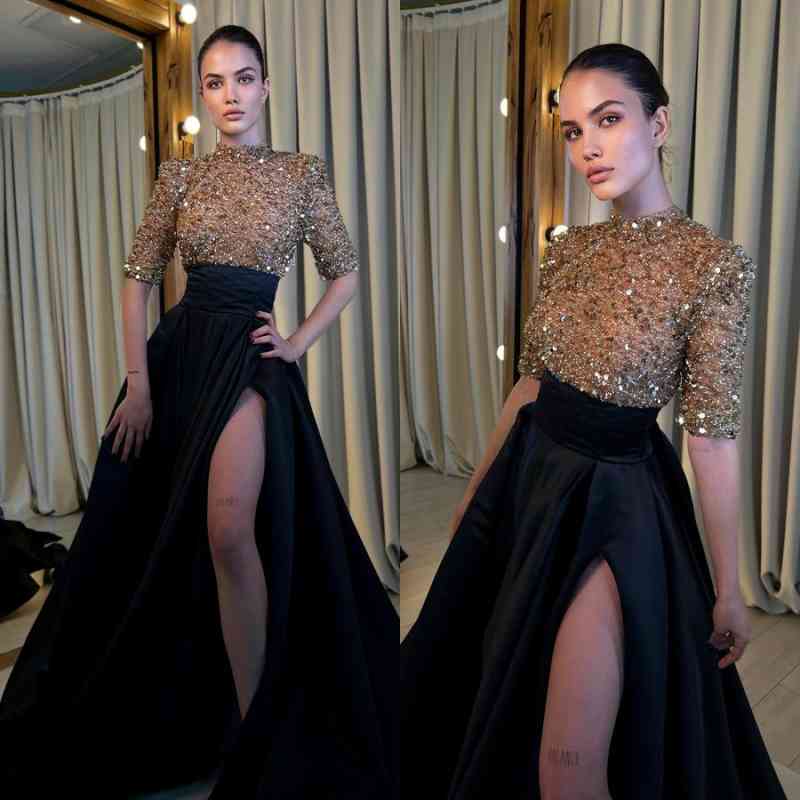 Elegant High Neck Long Slit Evening Dress with Rhinestones & Medium Sleeves | Ballbella