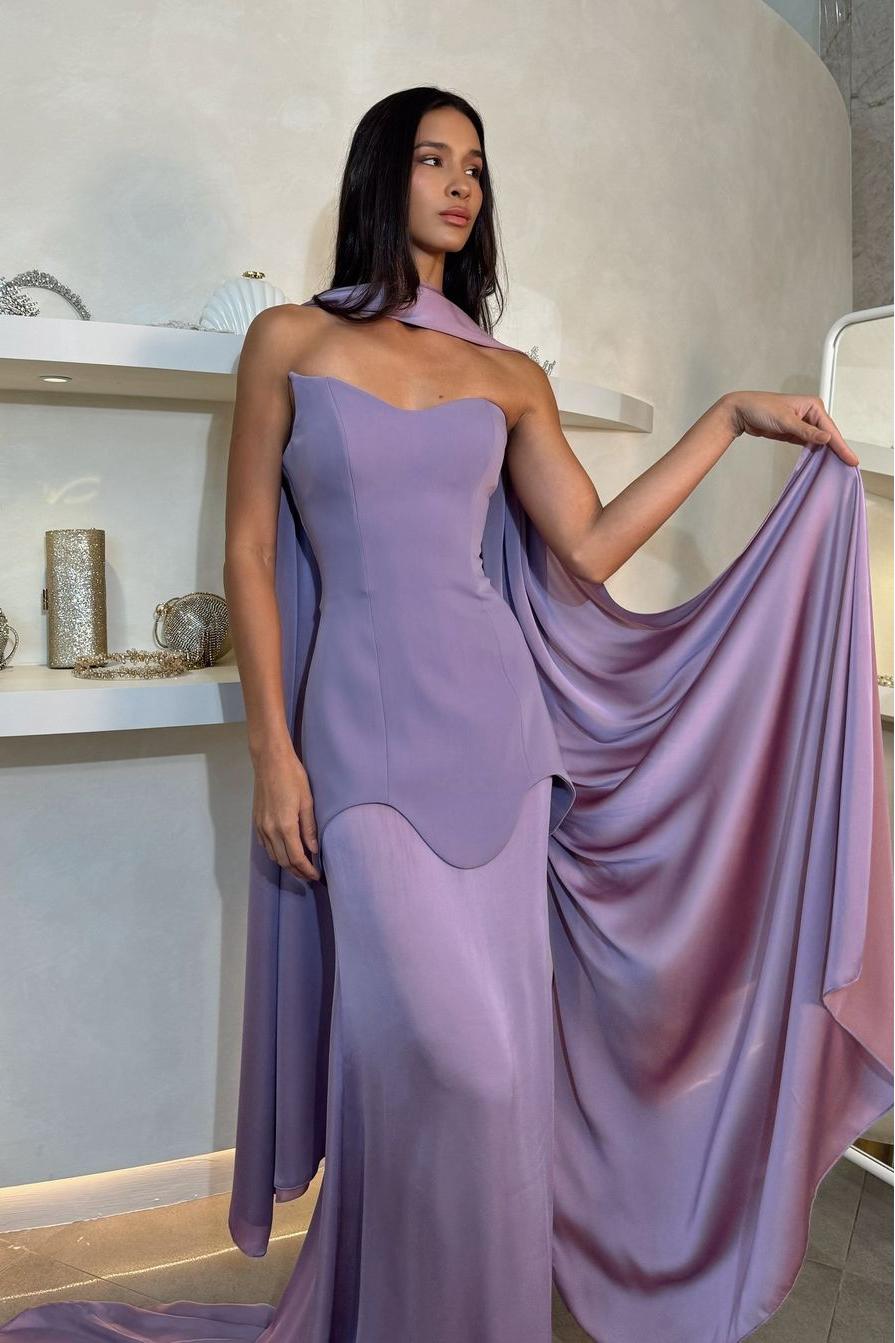 Amazing Purple Satin Strapless Sleeveless Long Slim Prom Dress with Scarf | Ballbella