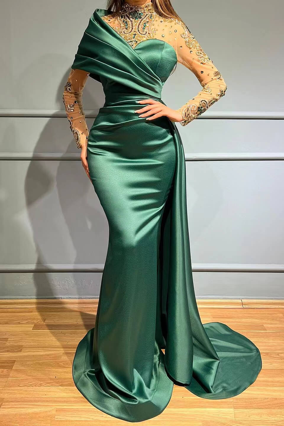 High Neck Gorgeous Long-Sleeve Crystal Mermaid Prom Dress with Ruffles | Ballbella