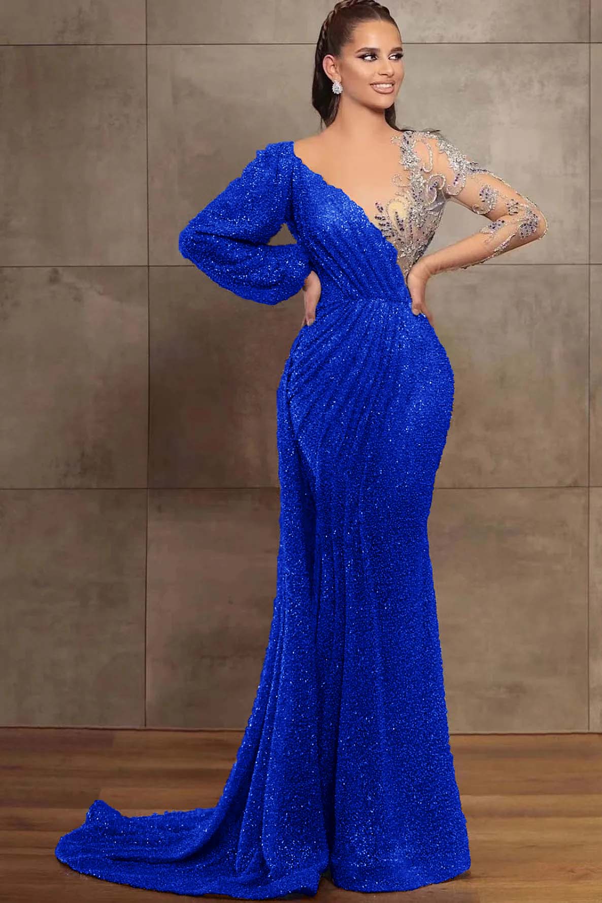 Elegant Sequins Beads Mermaid Evening Dress with V-Neck and Long Sleeves | Ballbella