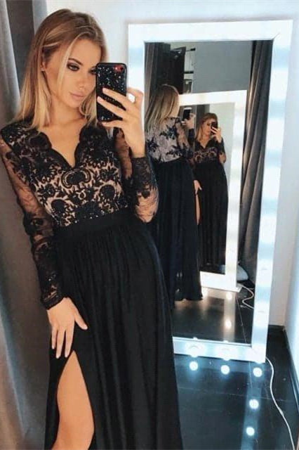 Long-Sleeve Black Prom Dress with Split | Ballbella