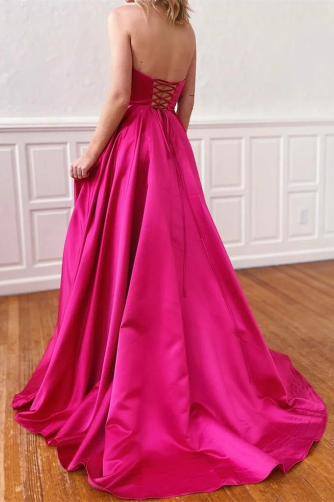 Fuchsia Strapless Prom Dress with Pockets and Side Split | Ballbella